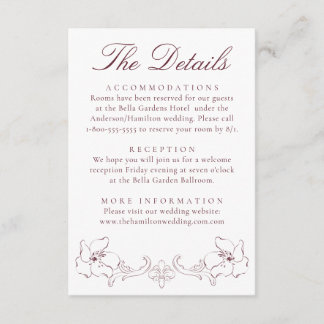 Elegant Burgundy Ornate Floral Wedding Details Enclosure Card
