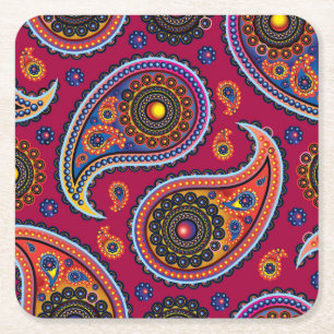 Elegant Burgundy Paisley and Mandala Pattern Square Paper Coaster