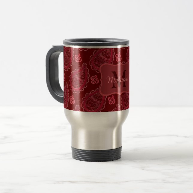 Elegant Burgundy Paisley Pattern Personalised Travel Mug (Front Left)