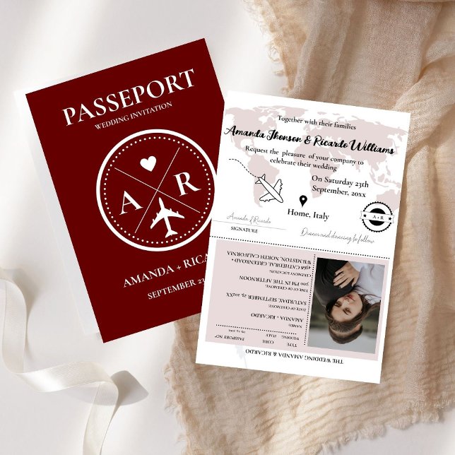 Elegant Burgundy Passport Photo Wedding Invitation (Creator Uploaded)