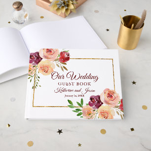 Elegant Burgundy Peach Floral Romantic Wedding Guest Book