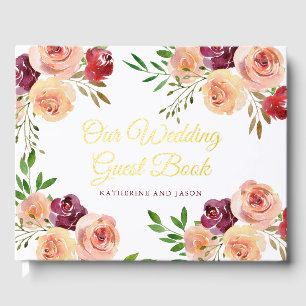 Elegant Burgundy Peach Floral Wedding Gold Foil Guest Book