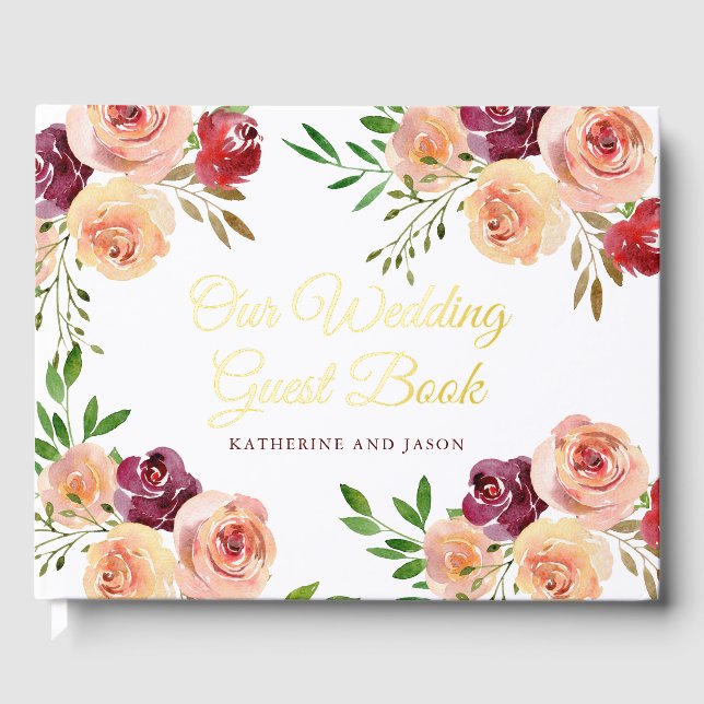 Elegant Burgundy Peach Floral Wedding Gold Foil Guest Book (Front)