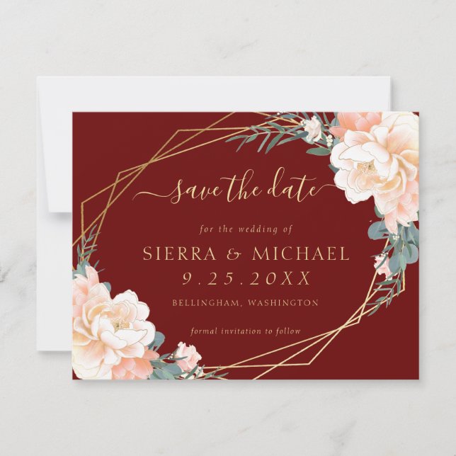Elegant Burgundy Peach Gold Floral Save the Date Invitation (Front)