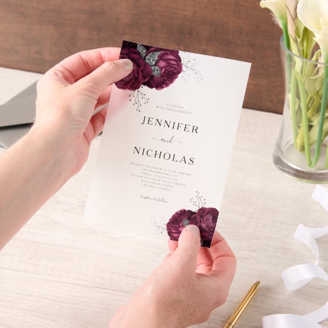 Elegant Burgundy Peonies Floral Wedding Vellum Invitations (Handheld)