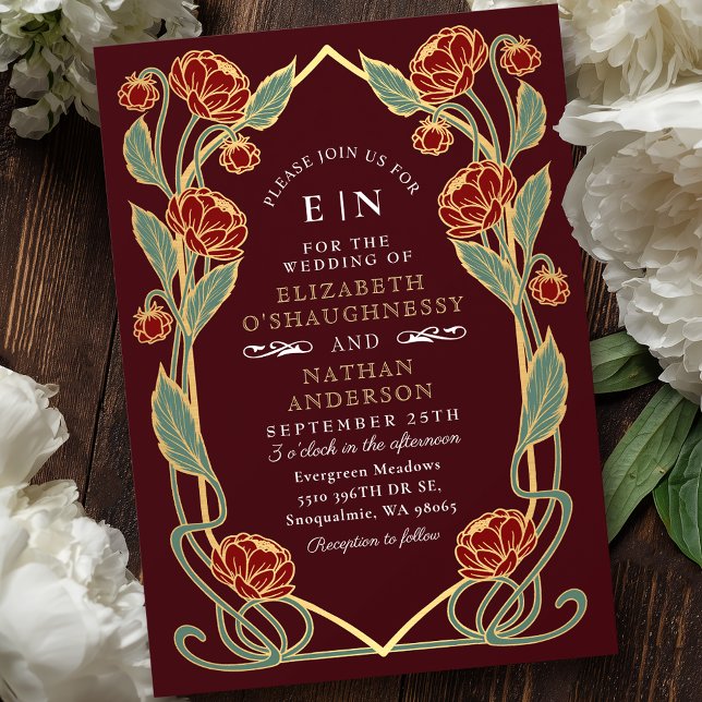 Elegant Burgundy Peony Art Nouveau Floral Wedding Invitation (Creator Uploaded)