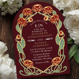 Elegant Burgundy Peony Art Nouveau Floral Wedding Invitation