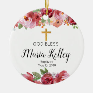 Elegant Burgundy Personalised Girl Baptism Ceramic Tree Decoration