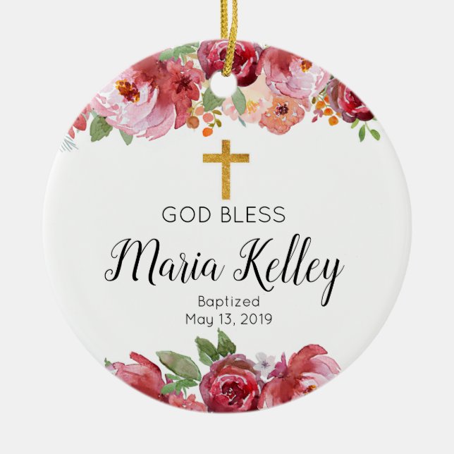 Elegant Burgundy Personalised Girl Baptism Ceramic Tree Decoration (Front)