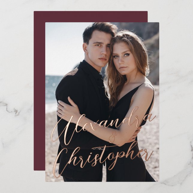 Elegant Burgundy Photo Calligraphy Save the Date (Front/Back)