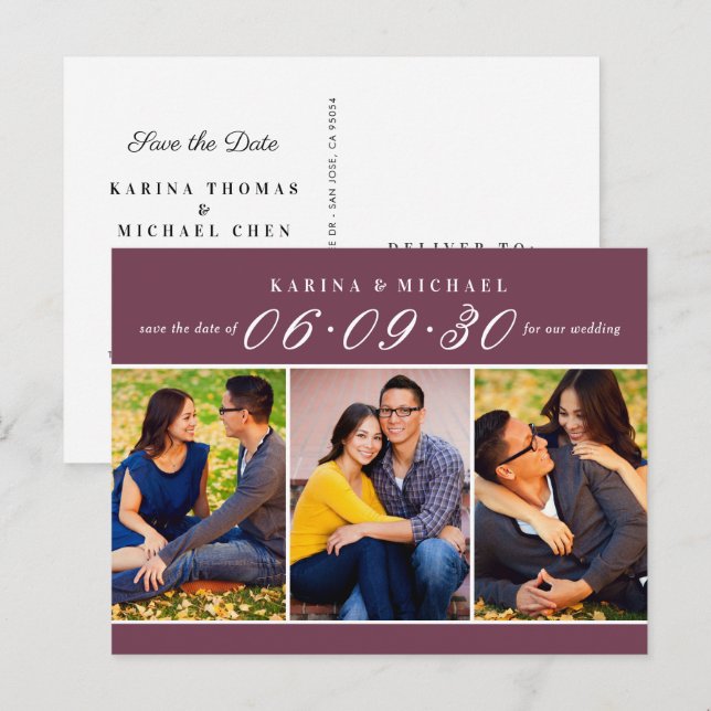 Elegant Burgundy Photo Collage Save the Date Announcement Postcard (Front/Back)