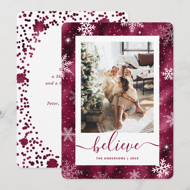 Elegant Burgundy Photo Snowflake Holiday Card (Front/Back)