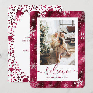 Elegant Burgundy Photo Snowflake Holiday Card