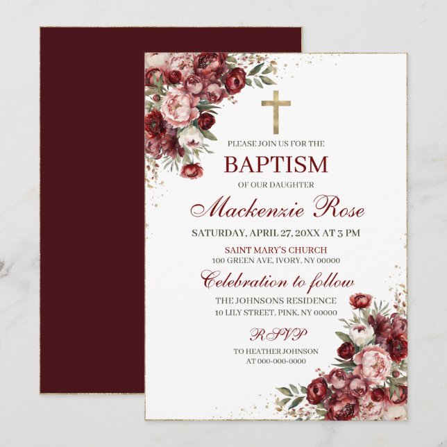 Elegant Burgundy, Pink, and Gold Floral Baptism Invitation (Front/Back)
