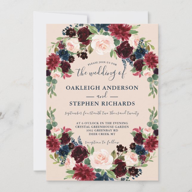 Elegant Burgundy, Pink and Navy Floral Wedding Invitation (Front)