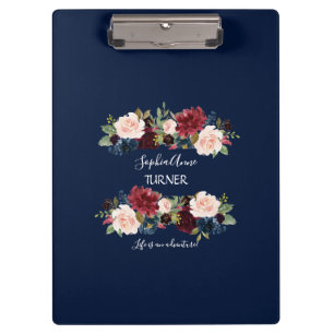 Elegant Burgundy Pink Blush Floral Navy Monogram Clipboard
