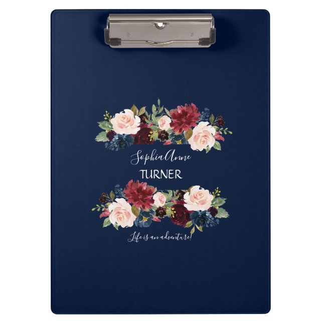 Elegant Burgundy Pink Blush Floral Navy Monogram Clipboard (Front)