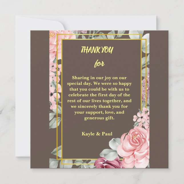 Elegant Burgundy Pink Blush Floral Wedding  Thank You Card (Front)