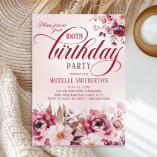Elegant Burgundy Pink Floral 100th Birthday Invitation