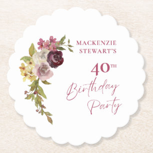 Elegant Burgundy Pink Floral 40th Birthday Paper Coaster