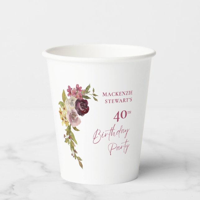 Elegant Burgundy Pink Floral 40th Birthday Paper Cups (Front)