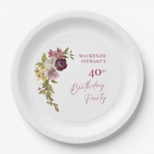 Elegant Burgundy Pink Floral 40th Birthday Paper Plate