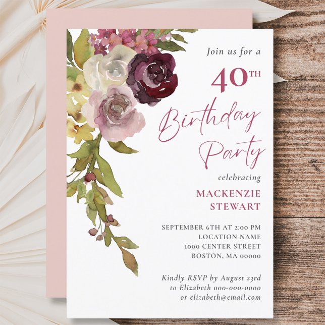 Elegant Burgundy Pink Floral 40th Birthday Party Invitation (Creator Uploaded)