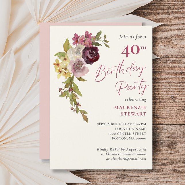 Elegant Burgundy Pink Floral 40th Birthday Party Invitation (Creator Uploaded)