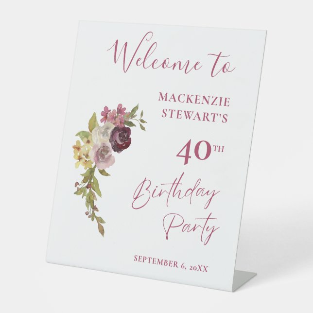 Elegant Burgundy Pink Floral 40th Birthday Pedestal Sign (Front)