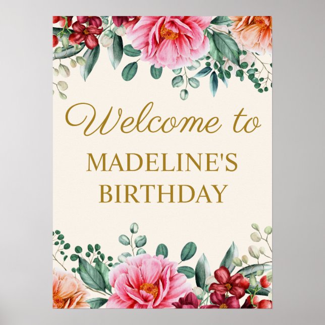 Elegant Burgundy Pink Floral Birthday Welcome Poster (Front)