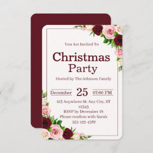 Elegant Burgundy Pink Floral Christmas Party Invitation