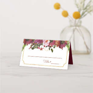 Elegant Burgundy Pink Floral Gold Geometric Place Card