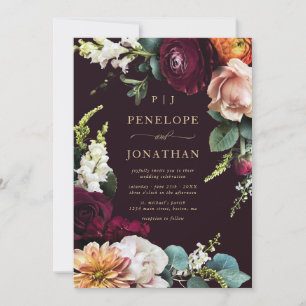 Elegant Burgundy Pink Floral Gold Script Wedding  Invitation