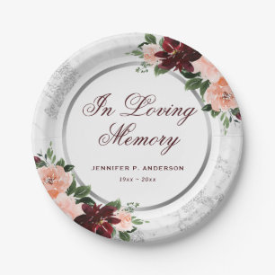 Elegant Burgundy Pink Floral Memorial Funeral Paper Plate