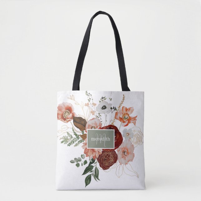 Elegant Burgundy Pink Floral Personalised Tote Bag (Front)