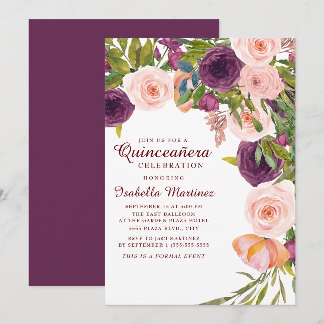Elegant Burgundy Pink Floral Quinceañera Invitation (Front/Back)
