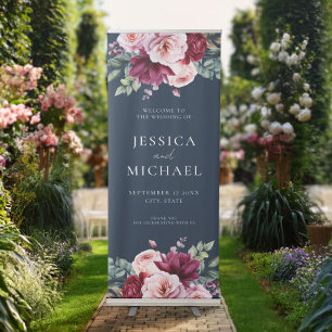 Elegant Burgundy Pink Floral Wedding Welcome Retractable Banner