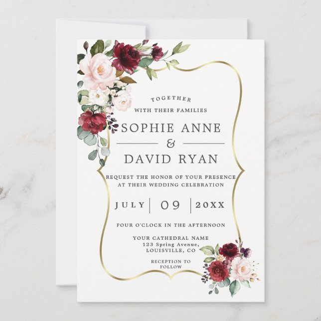 Elegant Burgundy Pink Flowers Gold Frame Wedding Invitation (Front)