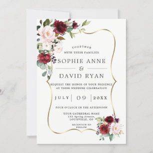 Elegant Burgundy Pink Flowers Gold Frame Wedding Invitation