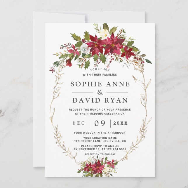 Elegant Burgundy Pink Flowers Gold Wedding Invitation (Front)