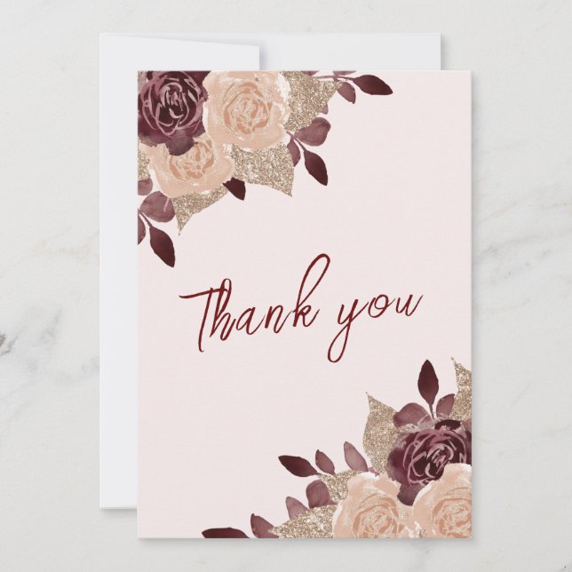 Elegant Burgundy Pink Glitter Floral Wedding Photo Thank You Card (Front)