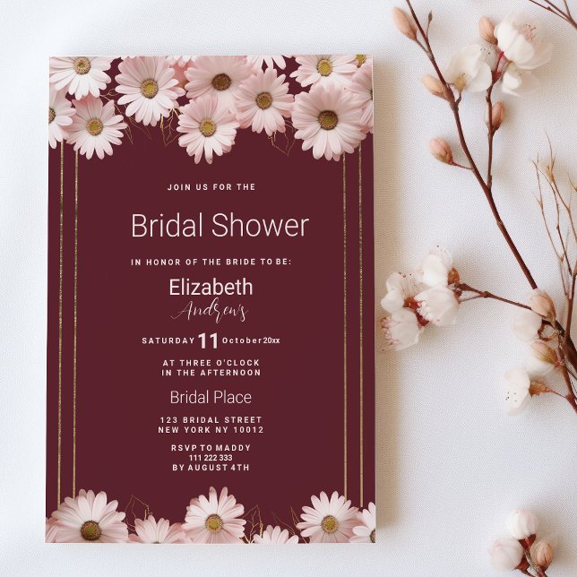 Elegant burgundy pink gold daisy Bridal Shower  Invitation (Elegant burgundy pink gold daisy Bridal Shower)