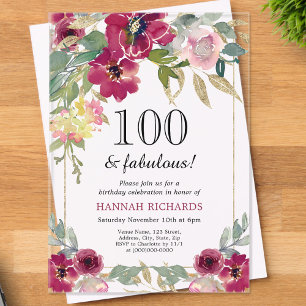 Elegant Burgundy Pink Gold Floral 100th Birthday  Acrylic Invitations