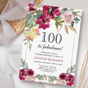 Elegant Burgundy Pink Gold Floral 100th Birthday  Invitation