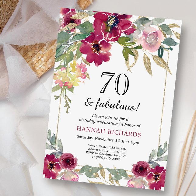 Elegant Burgundy Pink Gold Floral 70th Birthday  Invitation (Creator Uploaded)
