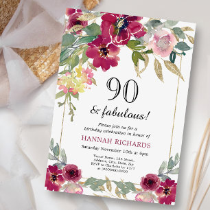 Elegant Burgundy Pink Gold Floral 90th Birthday  Invitation