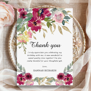 Elegant Burgundy Pink Gold Floral Birthday  Thank You Card