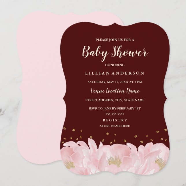 Elegant Burgundy Pink Gold Peony Girl Baby Shower Invitation (Front/Back)