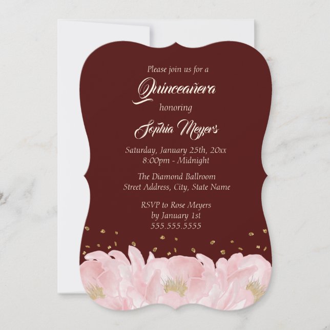 Elegant Burgundy Pink Gold Peony Quinceanera Invitation (Front)