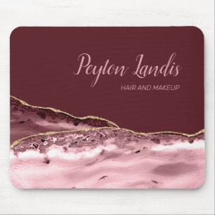 Elegant Burgundy Pink Marble Name Business  Mouse Mat